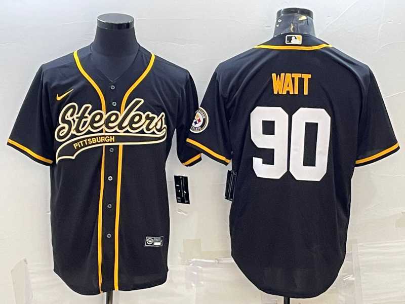 Men%27s Pittsburgh Steelers #90 TJ Watt Black With Patch Cool Base Stitched Baseball Jersey